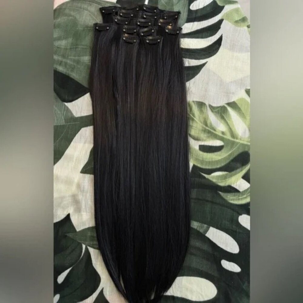 HUMAN HAIR BLEND 24 In Black Clip in Hair Extensions Straight Beautiful Hair - Picture 6 of 6
